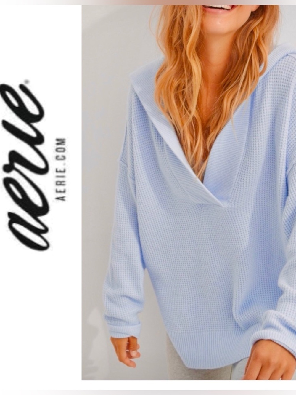 Aerie CozyUp Hooded V-Neck Waffle Sweater